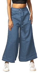 MULTIWA Women Soft Denim Flared Belt Pant (L, Light Blue)