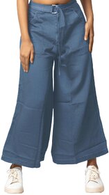 MULTIWA Women Soft Denim Flared Belt Pant (M, Light Blue)