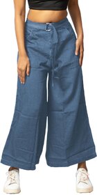 MULTIWA Women Soft Denim Flared Belt Pant (XL, Light Blue)