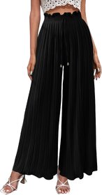 MULTIWA Ethnic Women Girls Rayon Pleats Palazzo Pants || Pleated Palazzo || Flared Pants || Stylish Pants || Wide Leg Pants Black