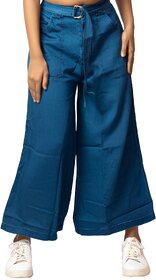 MULTIWA Women Soft Denim Flared Belt Pant (2XL, Dark Blue)