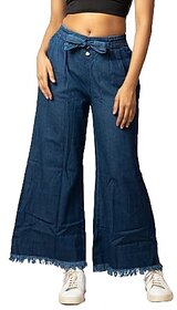 MULTIWA Women Denim Flared Frill Belt Pant (L, Dark Blue)