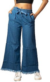 MULTIWA Women Denim Flared Frill Belt Pant (L, Light Blue)