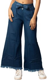 MULTIWA Women Denim Flared Frill Belt Pant (XL, Dark Blue)