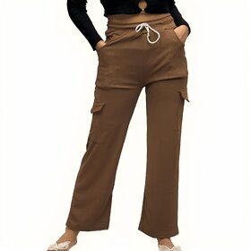 MULTIWA Ribbed Cargo Ankle Pant Regular Fit Trouser Pants | Solid High Waist with Pockets Cargo Pants | Ribbed Drawstring Cargo Pants Brown