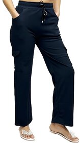 MULTIWA Ribbed Cargo Ankle Pant Regular Fit Trouser Pants | Solid High Waist with Pockets Cargo Pants | Ribbed Drawstring Cargo Pants Navy Blue