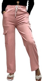 MULTIWA Ribbed Cargo Ankle Pant Regular Fit Trouser Pants | Solid High Waist with Pockets Cargo Pants | Ribbed Drawstring Cargo Pants Pink
