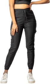 MULTIWA Women Cargo Jogger Pant | Women's Cotton Regular Fit Mid Rise Cargo Gym Joggers Track Pants (M, Black)