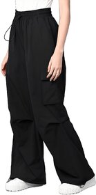 MULTIWA Women Loose Fit Parachute Cargo Pants, High Waist, Multiple Pockets, Lightweight, Black, Size L