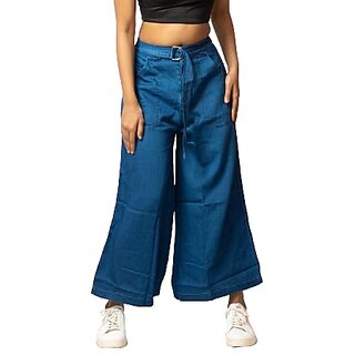 MULTIWA Women Soft Denim Flared Belt Pant (L, Dark Blue)