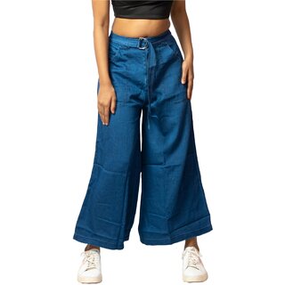 MULTIWA Women Soft Denim Flared Belt Pant (M, Dark Blue)