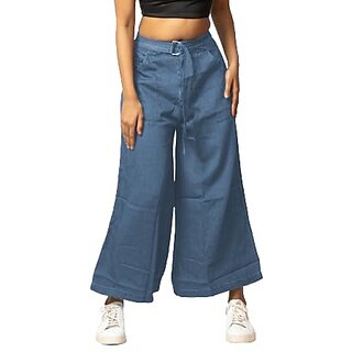 MULTIWA Women Soft Denim Flared Belt Pant (L, Light Blue)
