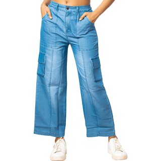 MULTIWA Women Soft Denim Cargo Sailor Pant (M, Light Blue)