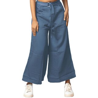 MULTIWA Women Soft Denim Flared Belt Pant (M, Light Blue)
