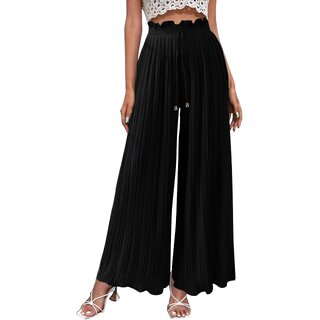 MULTIWA Ethnic Women Girls Rayon Pleats Palazzo Pants || Pleated Palazzo || Flared Pants || Stylish Pants || Wide Leg Pants Black