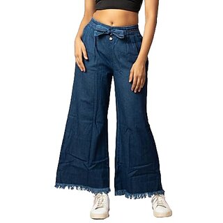 MULTIWA Women Denim Flared Frill Belt Pant (L, Dark Blue)