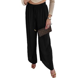 MULTIWA Ethnic Women Girls Rayon Pleats Palazzo Pants || Pleated Palazzo || Flared Pants || Stylish Pants || Wide Leg Pants Black