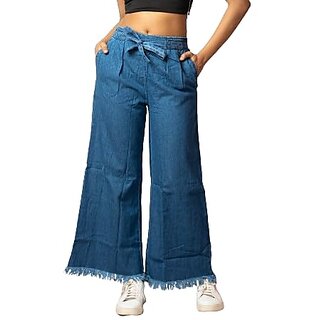 MULTIWA Women Denim Flared Frill Belt Pant (L, Light Blue)