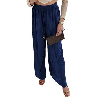 MULTIWA Ethnic Women Girls Rayon Pleats Palazzo Pants || Pleated Palazzo || Flared Pants || Stylish Pants || Wide Leg Pants Navy Blue