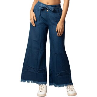 MULTIWA Women Denim Flared Frill Belt Pant (XL, Dark Blue)