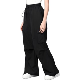 MULTIWA Women Loose Fit Parachute Cargo Pants, High Waist, Multiple Pockets, Lightweight, Black, Size L
