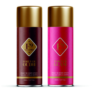F9 Forever Glam and Oudh Long Lasting Freshness Deodorant Perfume Body Spray For Men and women (150ml2) Pack of 2