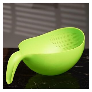 Plastic Rice Bowl & Food Strainer - Thick Drain Basket with Handle for Kitchen Use (Random Color)
