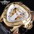 Men's Automatic Skeleton Watch Triangle Dial Fashion Casual Mechanical Watch (Silver Case Black Dial Gold Movement)