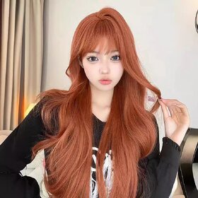 Natural Wavy Lace Front Wig with Bangs - Breathable Synthetic Full Cap Voluminous Curly Hair (Dark Orange, 66.04cm)