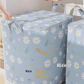 Large Capacity Fabric Storage Bags for Blankets & Clothes, Portable Handled Organizer Box for Wardrobe & Moving (Beige Daisy 110L)