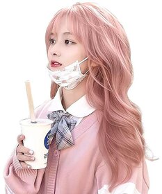 Pink Long Curly Wig with Bangs - Natural Look Synthetic Hair for Fashion & Cosplay (Straight Bangs Grapefruit Pink + Large Curved Co)