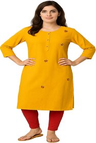 Elegant Yellow Cotton Kurti with Floral Embroidery
