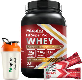 Fitspire Fit Super Pro Double Chocolate Whey Protein with 400ml Shaker + Red Berry Energy Bar Combo