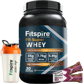 Fitspire Fit Super Gourmet Coffee Whey Protein with 400ml Shaker + Red BerryEnergy Bar Combo