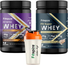 Fitspire Fit Nitra Belgian Chocolate Whey Protein 1lb + Fit Super Cookies  Cream Whey Protein 1lb with 400ml Shaker