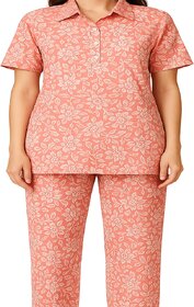Peach Coral Floral Print Coordinated Set for Women - Casual Two-Piece Outfit