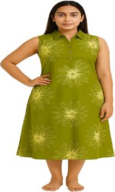 Stylish Olive Green Sleeveless A-line Kurti with Floral Patterns