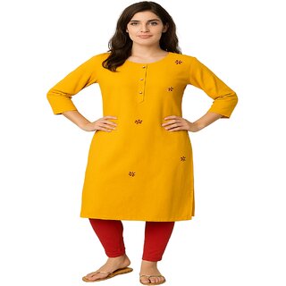 Elegant Yellow Cotton Kurti with Floral Embroidery