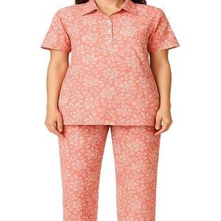 Peach Coral Floral Print Coordinated Set for Women - Casual Two-Piece Outfit