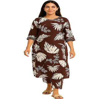 Elegant Chocolate Brown Leaf Print Kurta with Plazo Pants - Three-Quarter Sleeve Ethnic Wear