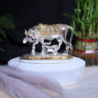 Tiny Shiny Silver Vad Cow with Calf Idol  Auspicious Vastu Remedy for Wealth  Prosperity for Weddings  Housewarming
