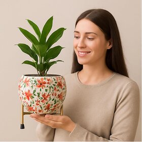 Nanson Hand-Painted Floral Design Metal Planter with Stand  Premium Decorative Flower Pot for Indoor  Outdoor Use
