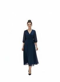 Elegant Navy Wrap Midi Dress with V-Neck, Sheer Sleeves in Polyester Georgette, Three-Quarter Length, Evening Occasion Wear