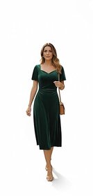 Women's Velvet Midi Dress, Emerald Green, Short Sleeve, Sweetheart Neckline, Cocktail Party Dress