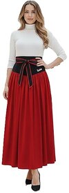 Women's Elegant Red Maxi Skirt with Black Waistband, Flowy A-Line Design, Bow Belt Detail