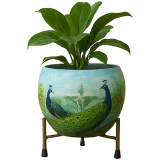 Nanson Hand-Painted Metal Planter with Stand  Premium Decorative Peacock Flower Pot for Indoor  Outdoor Use