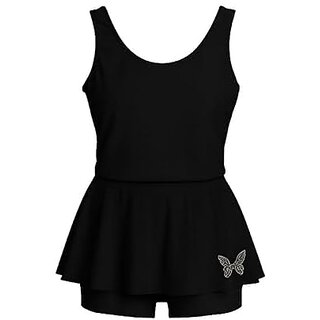 Women's Two-Piece Swimsuit, Black Peplum Tank Top with Butterfly Detail, Swimming Costume with Built-in Shorts Fere Size -Medium