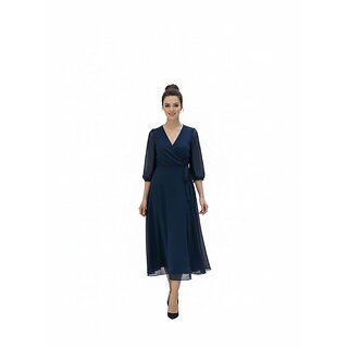 Elegant Navy Wrap Midi Dress with V-Neck, Sheer Sleeves in Polyester Georgette, Three-Quarter Length, Evening Occasion Wear