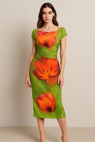 Green Powernet Bodycon Dress For Women