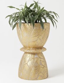 Decorative Plant Pot, Gold Leaf Pattern, Hourglass Shape, Modern Indoor Planter with Pedestal Base, Ceramic Home Decor
